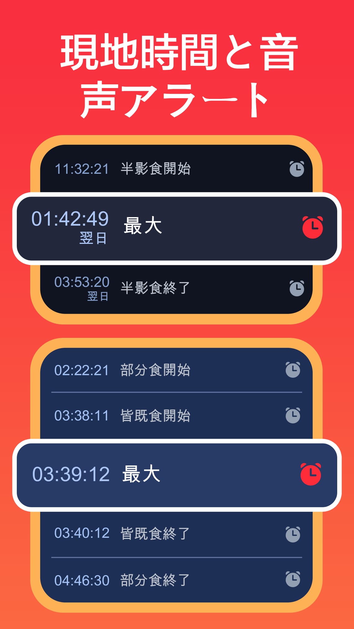 現地時間と音声アラート
